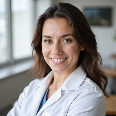Professional portrait of a nutritionist smiling warmly and confidently.