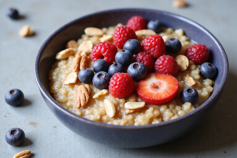 A vibrant bowl of oatmeal with fresh berries, nuts, and a drizzle of honey, showcasing a healthy breakfast.