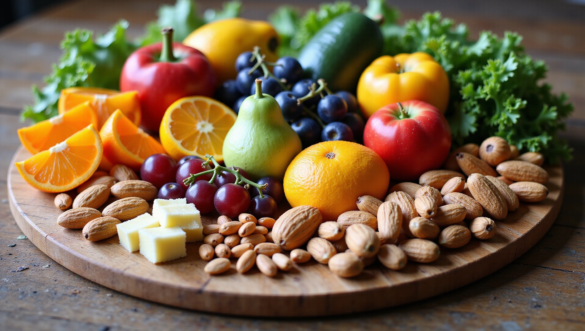 Healthy, fresh food arrangement on a rustic wooden table with bright natural light