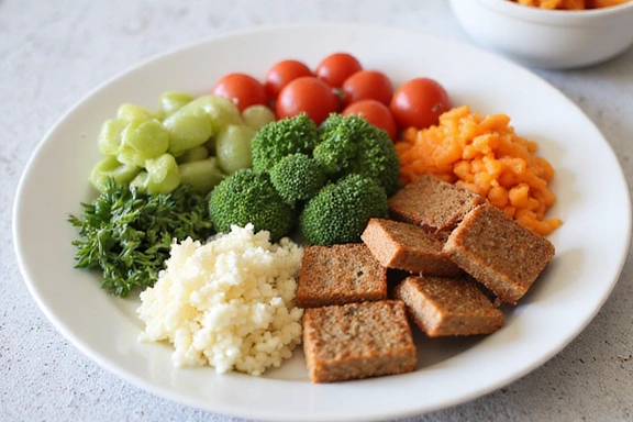 A variety of specific food items representing therapeutic diets for various health conditions.