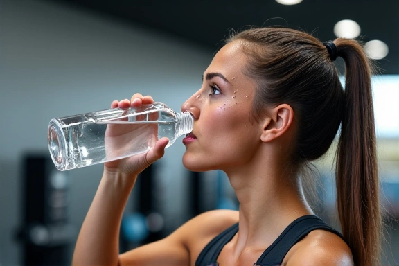 An athlete drinking water after a workout, with sports equipment in the background, representing sports nutrition.