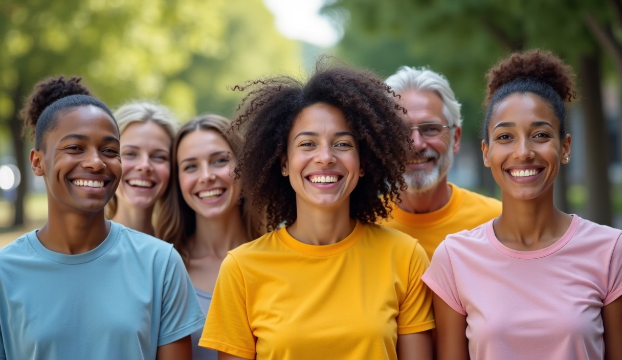 A group of diverse people smiling and looking healthy after achieving their nutrition goals.